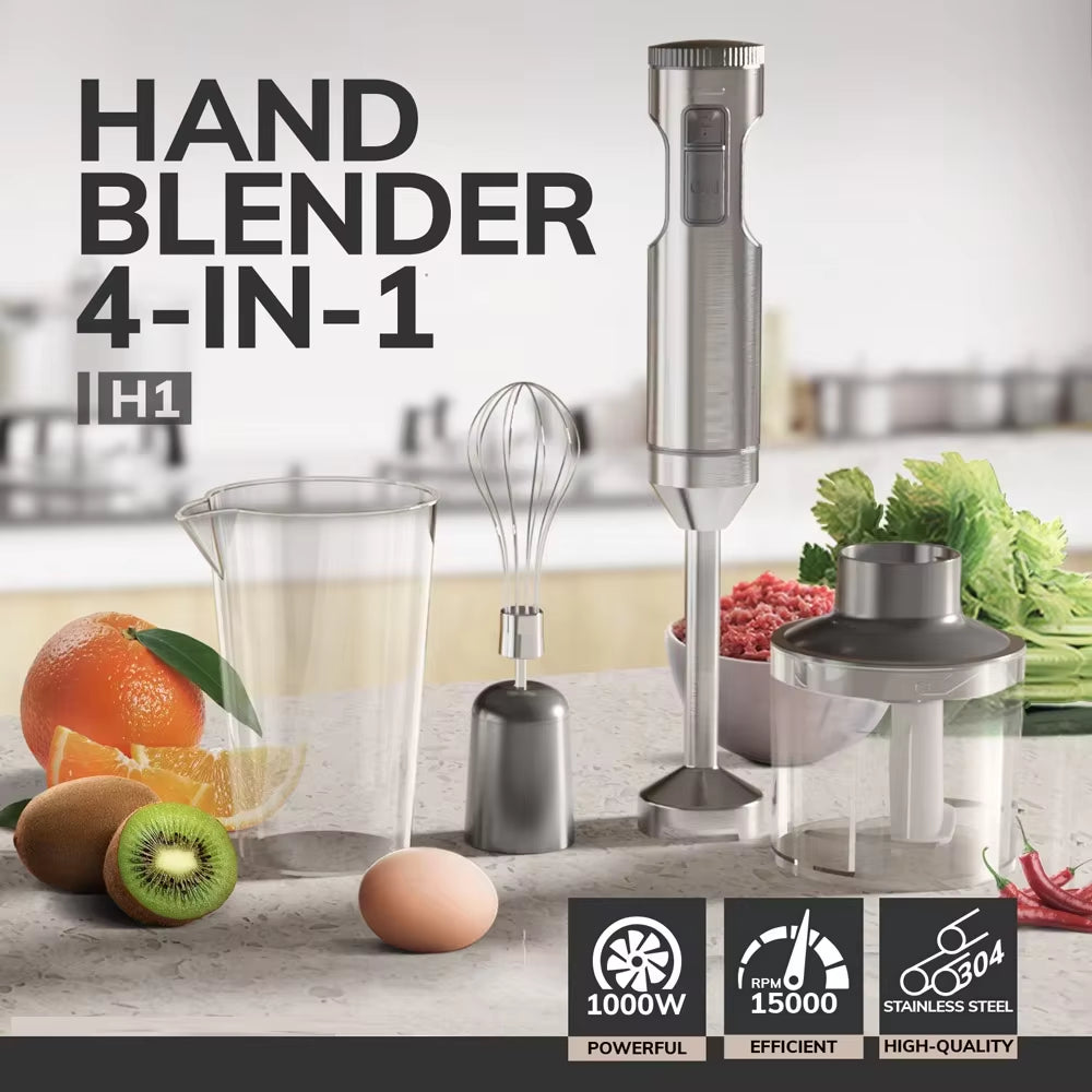 Hand Immersion Blender 1000W Powerful 4-In-1,Stainless Steel Stick Food Mixer,700Ml Mixing Beaker,500Ml Processor,Whisk